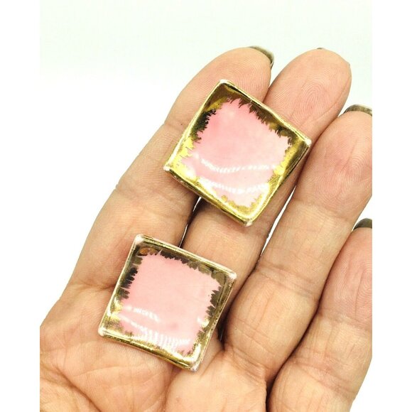 Mid Century Modern Retro Pink Gold Vintage Porcelain Screw Back Earrings Mod - Picture 2 of 7